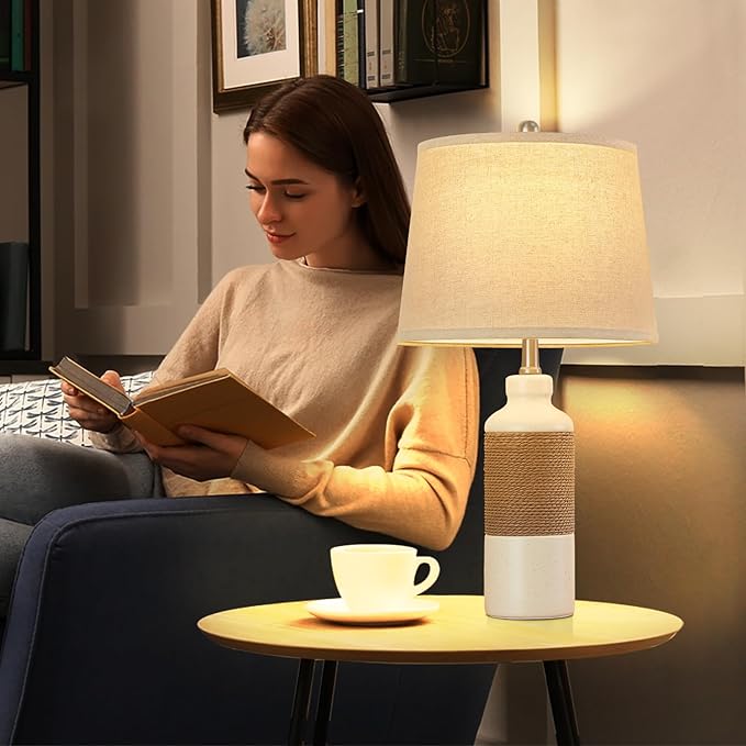 GyroVu Boho Rattan Table Lamp Set of 2, 3 Color Temperature Bedside Lamps, Lamps for Night Stands, Vintage Farmhouse Rattan Table Lamp Antique Lamp for Decoration, Living Room Bedside Table