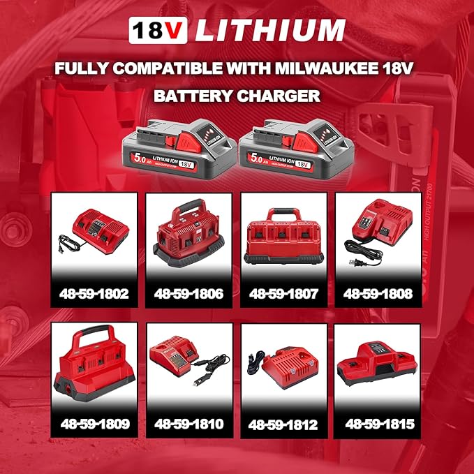 2 Packs 5.0Ah 18V Extended Capacity Battery Replacement for Milwaukee M18 Battery Lithium lon 48-11-1850,48-11-1852, Compatible with Milwaukee M18 Cordless Power Tools