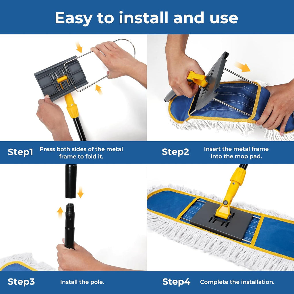 24" Dust Mop for Hardwood Floors and Large Areas - with 2 Cotton Pads, Wet and Dry Mop for Daily Cleaning in Homes, Garages and Commercial Spaces