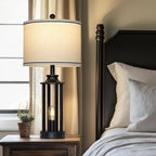 27.5" Black Farmhouse Table Lamps Set of 2, Tall Vintage Lamps for Living Room with USB A+C Charging Ports & AC Outlet, Rustic Bedside Lamp with Night Light, Bedroom Lamp for Nightstand Side End Table