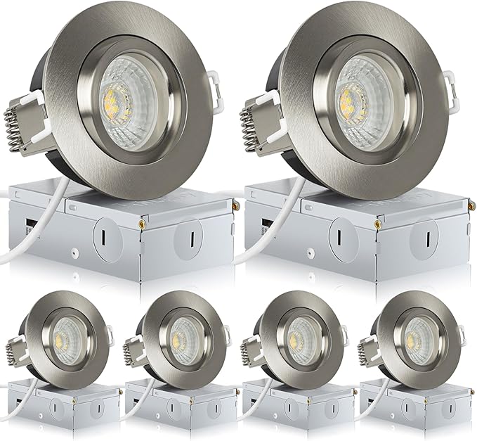 Brushed Nickel 3 Inch Recessed Lighting 6 Pack, Ajustable Eyeball recessed Light with Junction Box,5 Color Selectable,Airtight,7W 550LM,Dimmable,Brushed Nickel
