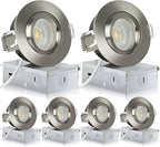Brushed Nickel 3 Inch Recessed Lighting 6 Pack, Ajustable Eyeball recessed Light with Junction Box,5 Color Selectable,Airtight,7W 550LM,Dimmable,Brushed Nickel