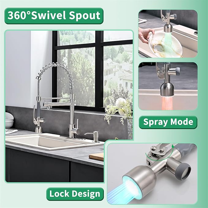 Fapully Commercial Kitchen Faucets with Pull Down Sprayer Brushed Nickel LED Single Handle Faucet for Kitchen Sink, Kitchen Faucet with Soap Dispenser and Deck Plack for 4 Hole