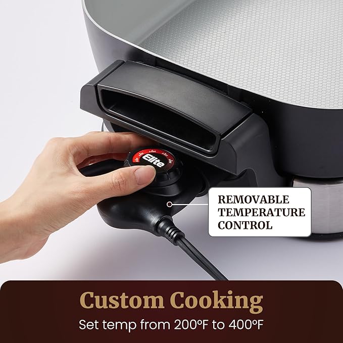 Elite Gourmet EG4403 15" x 12" x 3” Stow-Away Foldable Electric Skillet, Ceralast™ Ceramic Non-stick, 1500W Rapid Heat, Dishwasher Safe Pan & Lid, Black/Gray