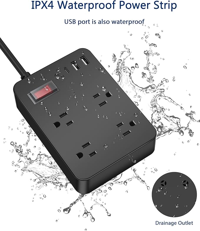 Outdoor Power Strip Weatherproof with USB C, Waterproof Surge Protector with 4 Outlets,Outdoor Electrical Outlet,Outdoor Multi Plug Outlet for Camping, Garden, Kitchen, Bathroom, 6ft Cord,Flat Plug
