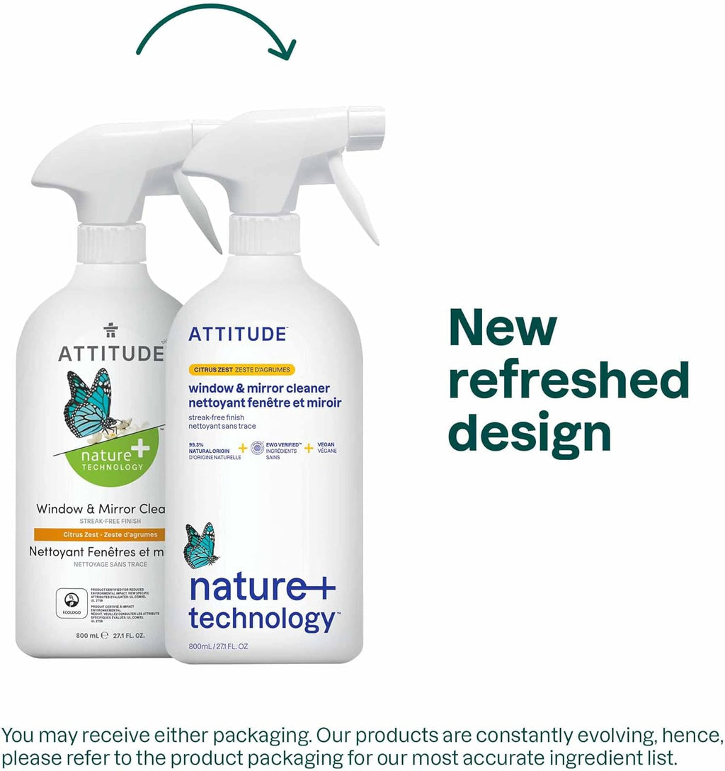 ATTITUDE Window & Mirror Cleaner, EWG Verified, Plant- & Mineral-Based, Vegan & Streak-Free Glass Spray, Citrus Zest Scent, 27.1 Fl Oz