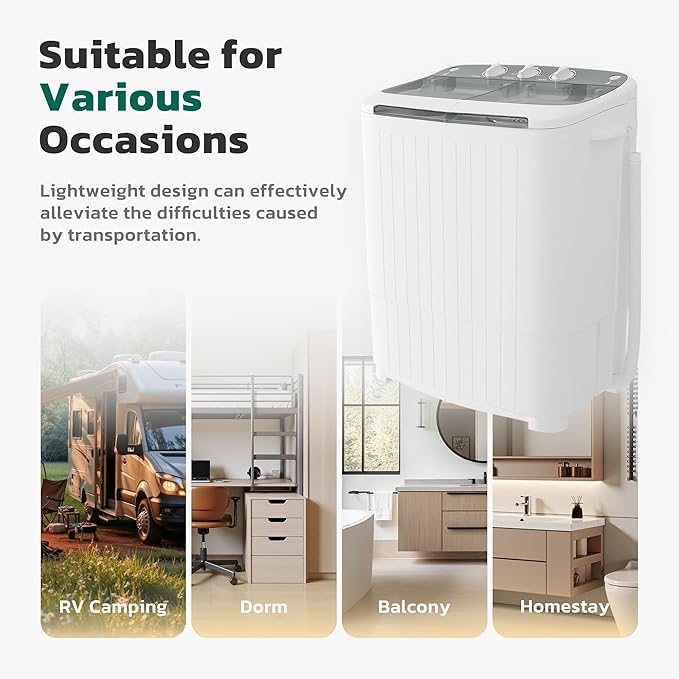 Greenvelly Portable Washing Machine, 16 Lbs Compact Mini Washer and Dryer Combo, Semi-automatic Twin Tub Washer with Drain Pump for Dorms, Apartments, RVs (Grey)