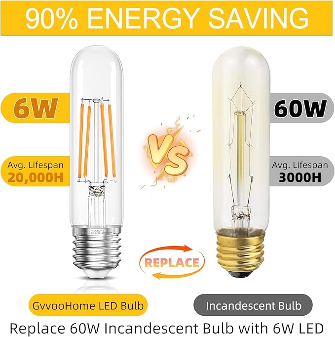 Tubular Light Bulb,T10 E26 LED Bulb Dimmable 2700K Warm White, 6W, 60 watt Equivalent, e26 Edison Bulbs for Chandeliers, Ceiling Fan, 90+CRI 600LM, 6 Pack