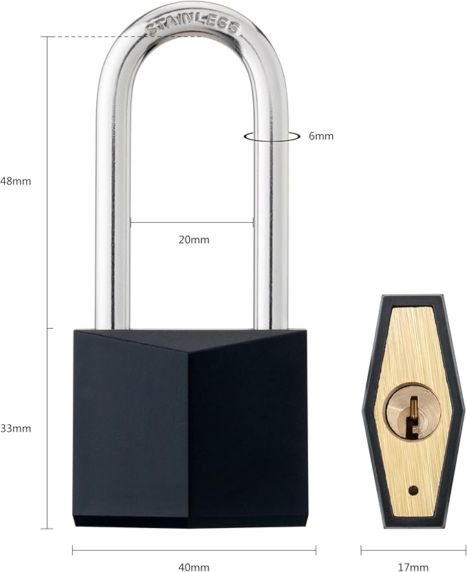 2-Pack Keyed Alike Locks, Black Covered Brass Keyed Padlock with Stainless Steel Long Shackle, 1-9/16 Inch Lock Body, Rustproof Locks for Gate Fence Hasp Cabinet Toolbox Gym or School Locker