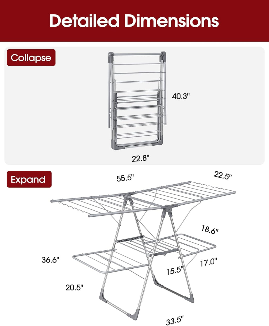 Clothes Drying Rack - Foldable Laundry Drying Rack for Clothing & Bedding, Easy-to-Assemble, Space-Saving Metal Airer with Non-Slip Feet, Indoor & Outdoor Use, 55.5"×22.8"×36.6", Gray
