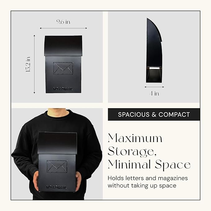 NACH Mailboxes for Outside Wall Mount, 15 x 9.5 x 4 inches, Black Wall Mounted Mailbox and Newspaper Holder, Waterproof Mailbox for Door - The No Admail Milano Mailbox