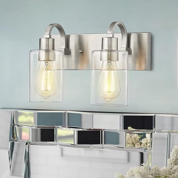 Emliviar 2-Light Bathroom Vanity Light - Bathroom Light Fixture in Brushed Nickel Finish with Clear Glass, YCE237B-2W BN
