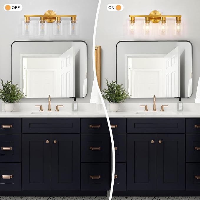 4 Light Gold Bathroom Vanity Light, Brushed Brass Bathroom Light Fixtures with Clear Glass Shade, Modern Wall Lamp Sconce Lighting for Bath Mirror Bedroom Living Room Hallway Porch