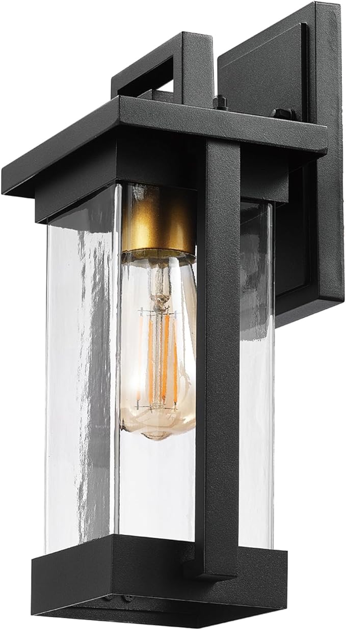 GLOBE Electric 60000028 1-Light Outdoor Wall Sconce, Matte Black, Brass Accent, Clear Seeded Glass Shade, Weather Resistant, Front or Back Porch Decor, Modern Exterior Lighting, Patio Lights