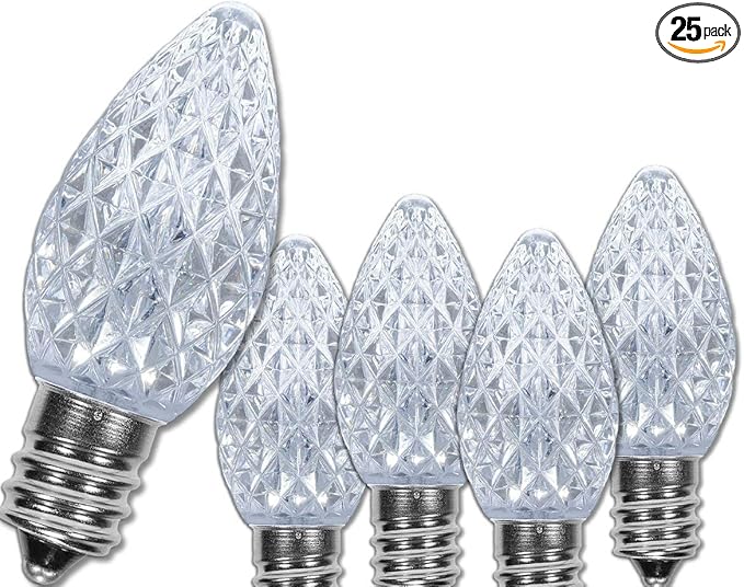 Wintergreen Lighting 25 Pack OptiCore C7 LED Christmas Light Bulbs - Replacement LED Christmas Lights Heavy Duty Premium Outdoor Christmas Lights, E12 Base (Cool White Faceted)