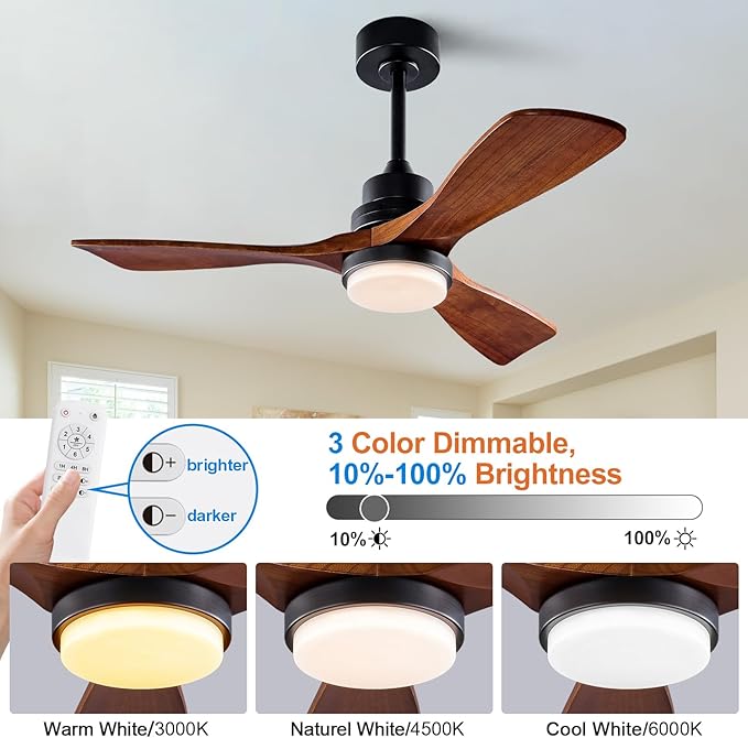 42 Inch Ceiling Fans with Lights and Remote, Modern 3 Blades Wood Ceiling Fan with light, 6 Speed Quiet DC Motor, Indoor Outdoor Ceiling Fan for Patio Bedroom Living Room Kitchen Office