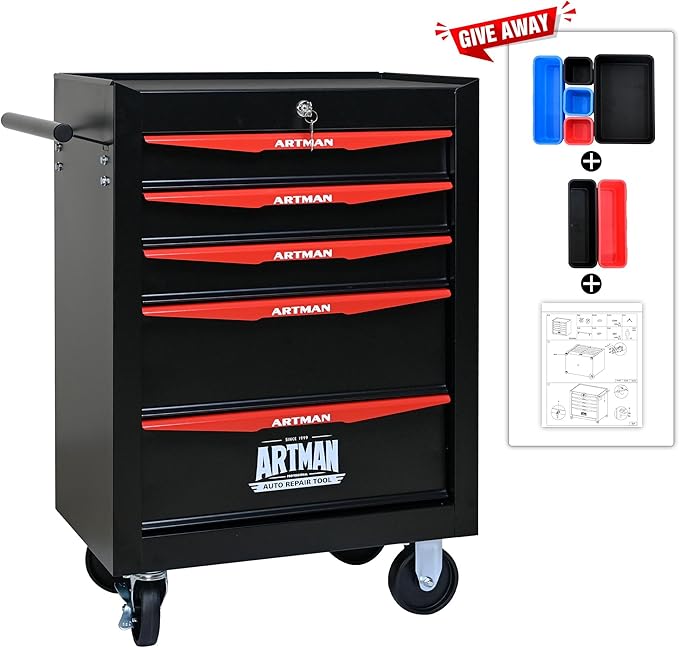 5-Drawer Steel Rolling Tool Cart with Wheels & Handle, Heavy-Duty Tool Chest Storage Cabinet for Garage and Workshop