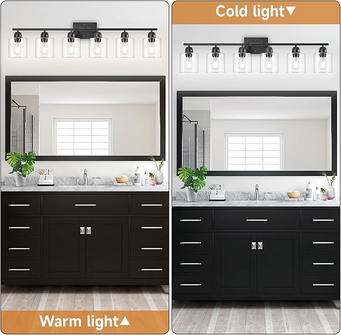 Modern 6 Light Bathroom Light Fixtures,38 inch Vanity Lights for Bathroom with Clear Glass, Black Vanity Light for Mirror Kitchen Living Room Hallway Cabinet Porch