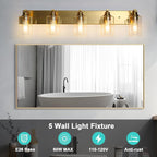 5-Light Bathroom Light Fixtures Modern Gold Vanity Lights for Bathroom Lighting Fixtures Over Mirror with Clear Glass Shade for Cabinet Mirror Bedroom Hallway