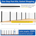 36" Expandable 20-24FT Black T304 Cable Railing Post Kit, Complete Cable Railing System with 6 Level Posts & 259ft 1/8" Wire Rope(No Handrail), Adjustable Length Easy DIY for Decks/Porch
