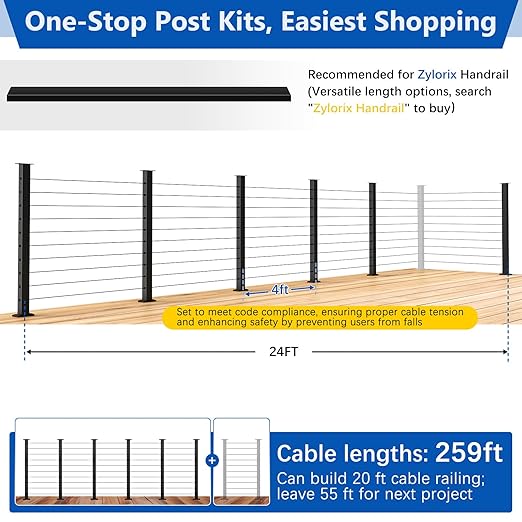 36" Expandable 20-24FT Black T304 Cable Railing Post Kit, Complete Cable Railing System with 6 Level Posts & 259ft 1/8" Wire Rope(No Handrail), Adjustable Length Easy DIY for Decks/Porch