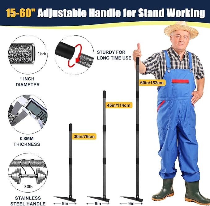 Extra-Sharp Triangular Hoe - Heavy Duty Gardening & Construction Tool with 15"-60" Adjustable Stainless Steel Pole, Detachable Design for Digging, Weeding, Trenching