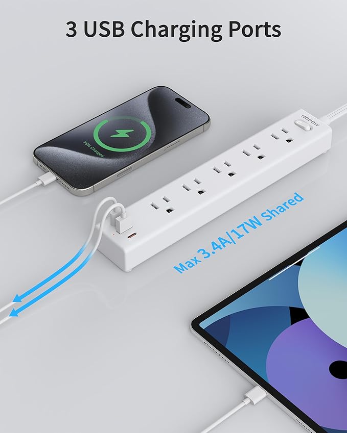 Power Strip Surge Protector, 2 Pack, 6 Ft Ultra Thin Flat Extension Cord, Surge Protector with 5 Outlets & 3 USB Ports (2 USB C), 1700 Joules, 3-Prong, Wall Mount for Home Office Dorm, White