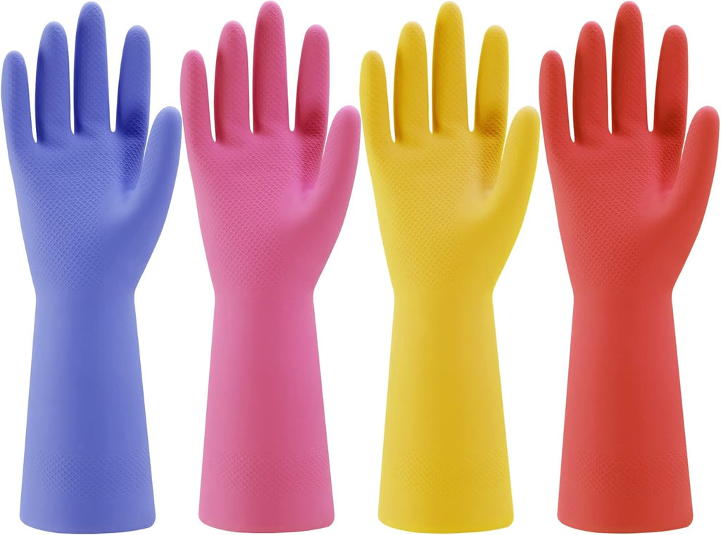 Bamllum Rubber Kitchen Dishwashing Gloves - 4 Pairs Colorful Reusable Household Cleaning Gloves for Washing Dishes and Cleaning Tasks, Flexible Long-lasting and Non-Slip (Small, Blue+Pink+Yellow+Red)