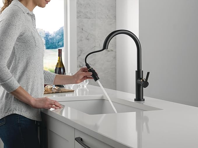 Delta Faucet Nicoli Kitchen Faucet with Pull Down Sprayer, Black and Gold Kitchen Sink Faucet, Modern Kitchen Faucet, Single Hole Kitchen Faucet, Matte Black/Champagne Bronze 19867LF-GZ