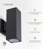 ASD 2 Light Square Outdoor Wall Light Fixture | 120W E26 Bulb Socket 120V ETL Cylinder Up Down Lights | LED/CFL/Incandescent Exterior Bulb Wall Sconce | Front Door, Porch, Patio | Black, 2 Pack