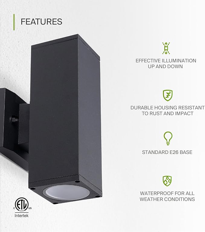 ASD 2 Light Square Outdoor Wall Light Fixture | 120W E26 Bulb Socket 120V ETL Cylinder Up Down Lights | LED/CFL/Incandescent Exterior Bulb Wall Sconce | Front Door, Porch, Patio | Black