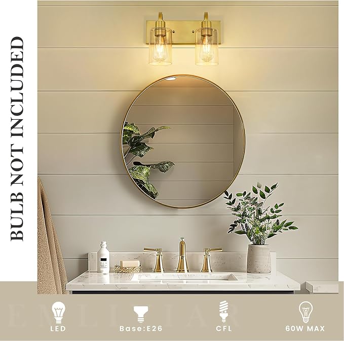 Emliviar 2-Light Brushed Gold Vanity Light, Modern Farmhouse Bathroom Light Fixture, Indoor Wall Sconce Lighting for Bedroom Entryway, YCE237B-2W BG