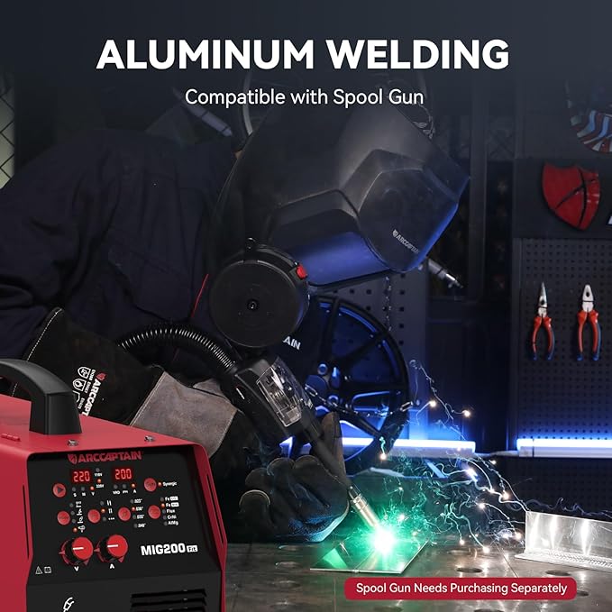 ARCCAPTAIN 6-in-1 Aluminum MIG Welder, 200A Welding Machine 110V/220V, Flux Core MIG/Gas MIG/Lift TIG/Stick Welding/Spool Gun MIG/Spot Multiprocess Welder with Synergy, Ideal for Beginner