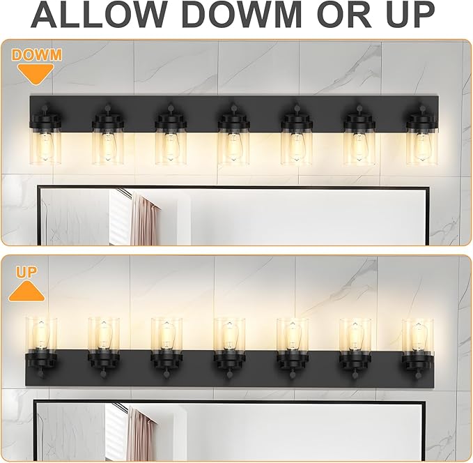 IZORRO Bathroom Vanity Light Fixture, 7-Light 51 Inch Matte Black Bathroom Light Fixtures Over Mirror, with Clear Glass Shade, Modern Farmhouse Vanity Lights, Rustic Restroom Lighting Fixtures