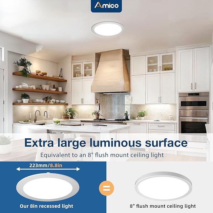 Amico 24 Pack 8 Inch 5CCT Ultra-Thin LED Recessed Ceiling Light with Junction Box, 2700K/3000K/3500K/4000K/5000K Selectable, 18W Eqv 125W, Dimmable Canless Wafer Downlight, 1500LM High Brightness -ETL