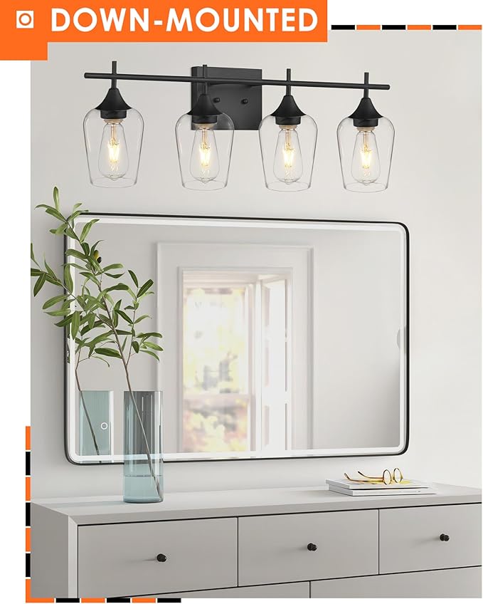 4-Light Bathroom Vanity Lights Over Mirror, 24 Inch Black Vanity Light for Bathroom, Modern Bath Wall Sconce Lighting with Clear Glass, WL9167-4B