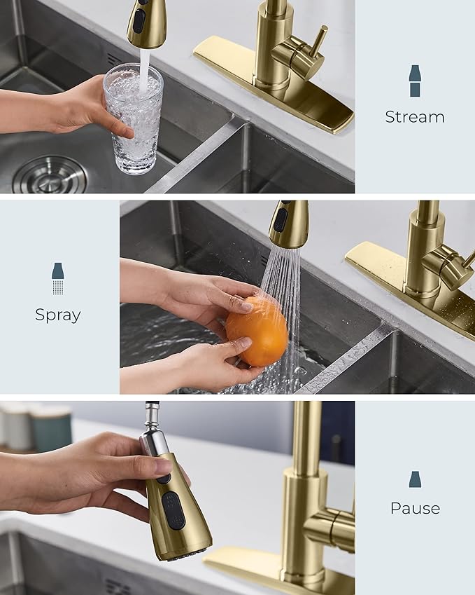 FORIOUS Gold Kitchen Faucet with Pull Down Sprayer, High Arc Single Handle Classic Stainless Steel Sink Faucet 1 or 3 Hole, Suitable for Farmhouse Camper Laundry Rv Bar