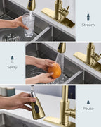 FORIOUS Gold Kitchen Faucet with Soap Dispenser, Single Handle Stainless Steel Transitional Sink Faucet with Pull Down Sprayer 1 or 3 Hole, Suitable for Farmhouse Laundry Camper RV Bar