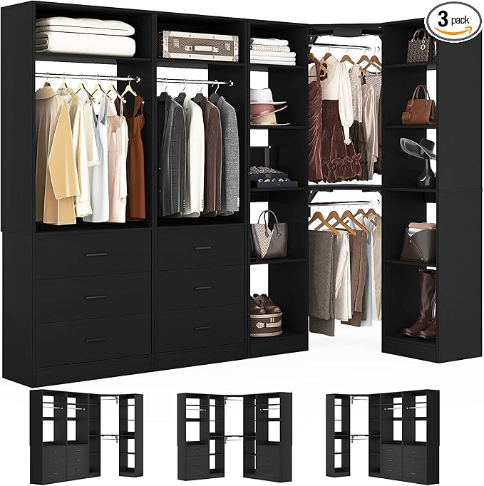 Corner Closet System with 6 Drawers, Closet Organizer System with 14 Shelves & 4 Hanging Rods, 87.2"L * 39.2"W / 63.2"L * 63.2"W Reversible L Shaped Walk-in Closets, Load 2500+LBS, Black