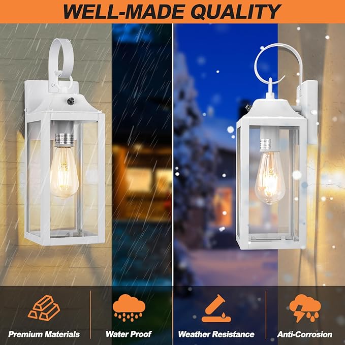 Dusk to Dawn Wall Lights 2 Pack, White Outdoor Light Fixtures, 15 Inch Exterior Wall Sconces Waterproof, Large Outside Lights for House, Modern Wall Lanterns Clear Glass