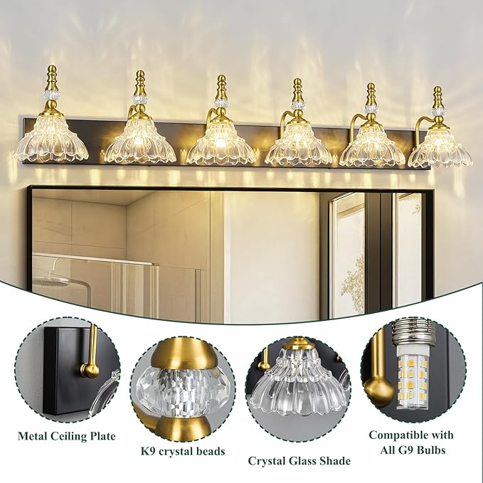 Vintage Bathroom Vanity Light, 6-Light Black Gold Vanity Lighting Fixture with Flower Glass Shade, Bathroom Lighting Fixtures Over Mirror