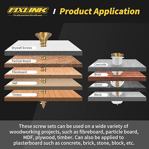 Wood Screws Assortment Kit, FIXLINK 240 PCS High Hardness Flat Head Wood Screws Set, Phillips Drive Assorted Screws, Contain Anchors and 8 Size (2-1/2”,2”,1-1/2”,1-1/4”,1”,3/4”,5/8”,1/2”), Yellow Zinc