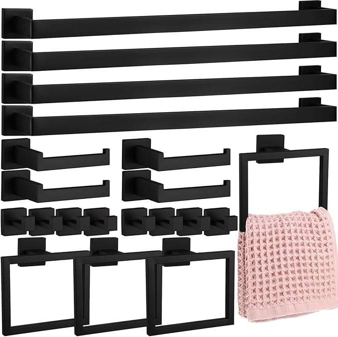 Gisafai 20 Pcs Bathroom Hardware Accessories Set 23.6 Inch Bath Towel Bar Kit Stainless Steel Bathroom Hardware Set Towel Racks Ring Hooks Paper Holder for Wall Mounted (Black)