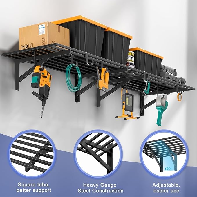 2-Pack 2x4ft Garage Shelving Wall Mounted, 2' x 4' Heavy Duty Garage Storage Shelves with Hooks, 400LB Capacity