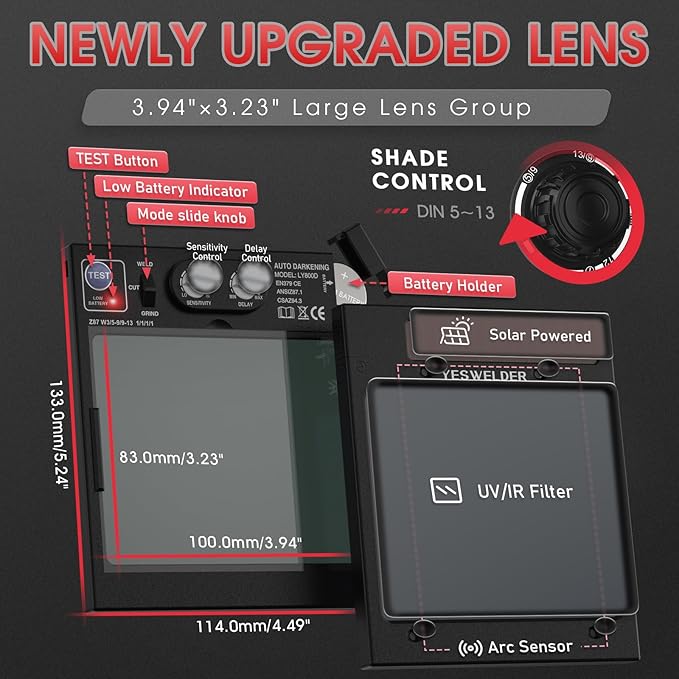 YESWELDER Auto Darkening Welding Helmet with SIDE VIEW, 180° Panoramic View, 1/1/1/1 True Color Solar Powered Welder Hood, Wide Shade 3/5-9/9-13 Welder Mask for TIG MIG ARC CUT and GRIND, LYG-Q800D