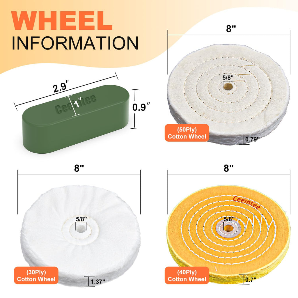 6 Pack 8 Inch Polishing Wheel for Bench Grinder, Include 5/8" Arbor Hole 1 Yellow Cotton(42Ply), 1 White Cotton Polish Wheels(50Ply), 1 Soft Flannel Buffing Wheel(30Ply)& 3 Polishing Compound