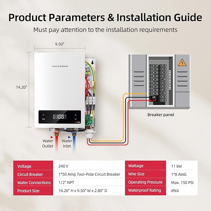 11kW Tankless Water Heater Electric, MIZUDO 240 Volt Instant Hot Water Heater, Up to 2.6 GPM for 1-2 Point of Use, with LED Digital Display, ETL Certified