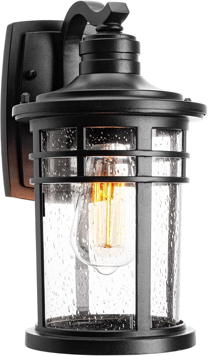 Darkaway Outdoor Porch Lights Wall Mount, Outdoor Light Fixtures Sconces Wall Lighting with Seeded Glass Waterproof Exterior Lights for Patio Yard House Hallway Doorway Garage(1 Pack, Black)
