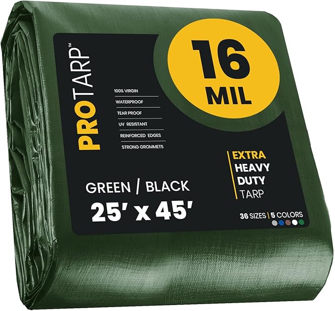 PROTARP Extra Heavy Duty 16 Mil Tarp Cover, Waterproof, UV Resistant, Rip and Tear Proof, Poly Tarpaulin with Reinforced Edges for Roof, Camping, Patio, Pool, Boat. (Green/Black 25′ X 45′)