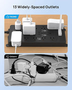 TROND Surge Protector Power Strip 15 ft, Flat Plug Extension Cord with 32W USB C & QC 3.0 Charger, 4000 Joules, ETL Listed, 13 Wide Spaced Outlets, Heavy Duty, Wall Mount for Home Office, Black